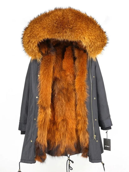 Real Fur Coat Winter Jacket Women Long Parka Waterproof Big Natural Raccoon Fur Collar Hood Thick Warm Real Fox Fur Liner coat