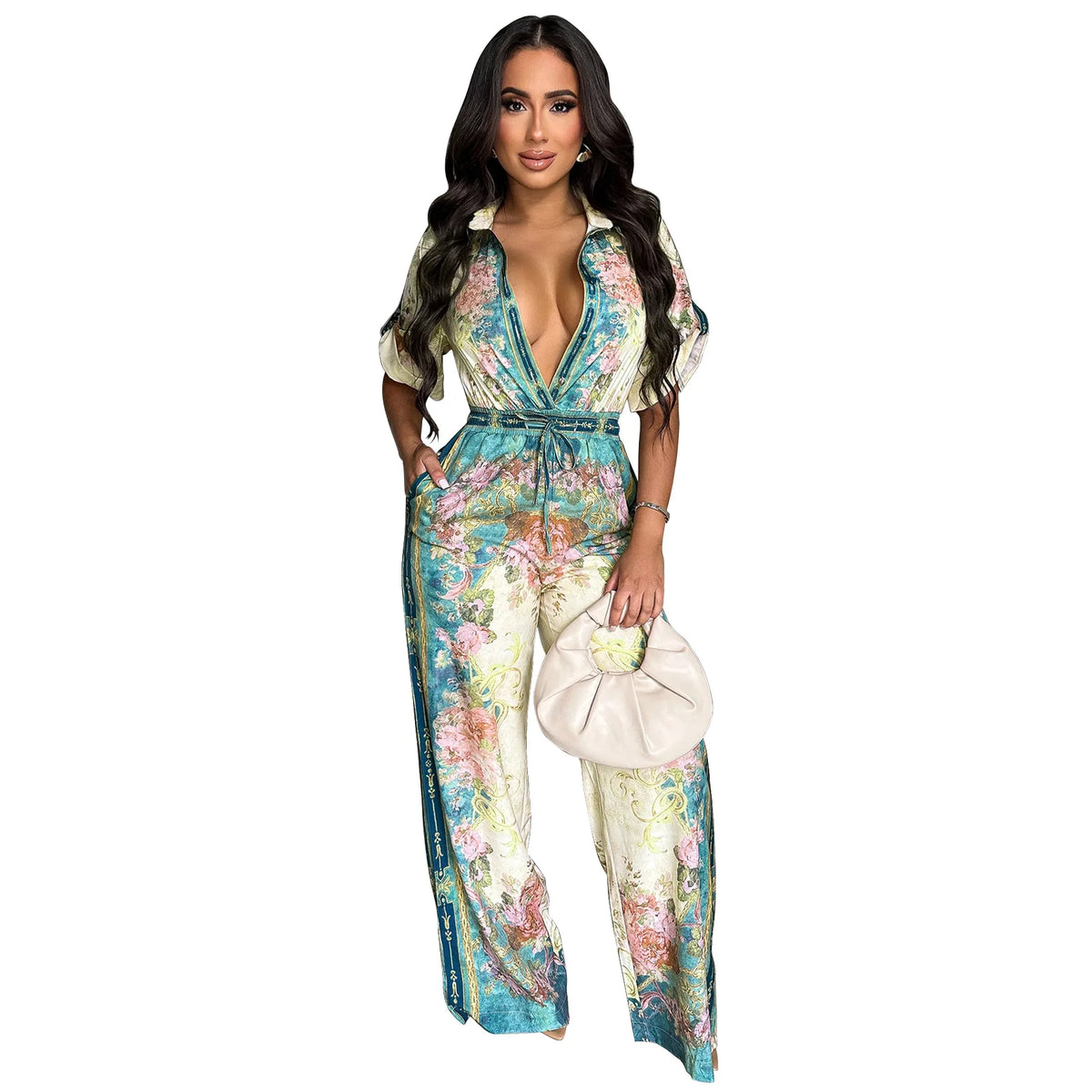 Jumpsuits Women Print One Piece Short Sleeve Overalls Wide Leg Long Pants High Waist Rompers Y2k Streetwear Beach V Neck 2025