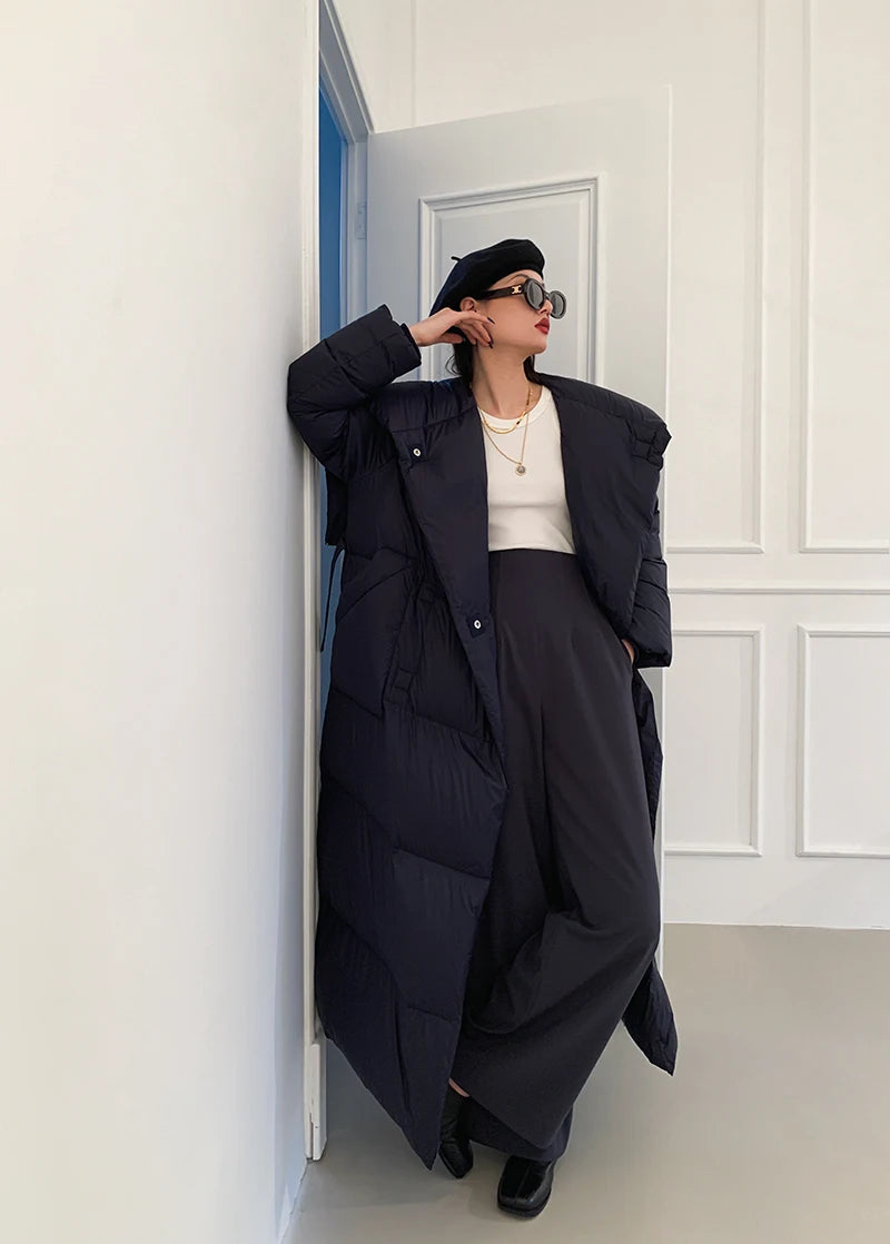 High end Ultra long White goose down Jacket For women Winter 2025 New Fashion Down Coat Female Thicken Parka Overcoat with belt