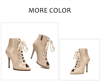 Women Sexy Thin High Heel Dance Shoes Party Ballroom Pole Jazz Lace Up Platform Dancing Boots Short Tube Heels 8.5/9.5CM Booties