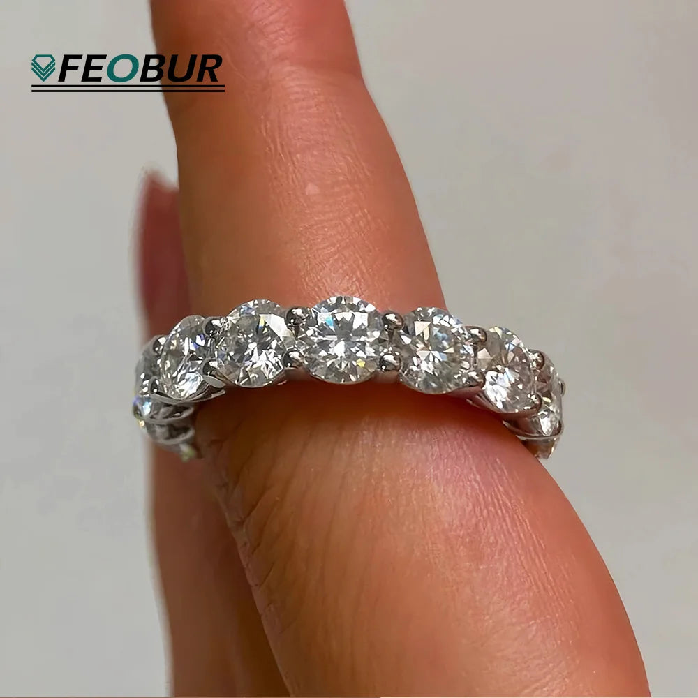 FEOBUR 5mm D Color Moissanite Ring with Certificate Women S925 Sterling Silver Full Diamond Eternity Band Wedding Jewelry Gift