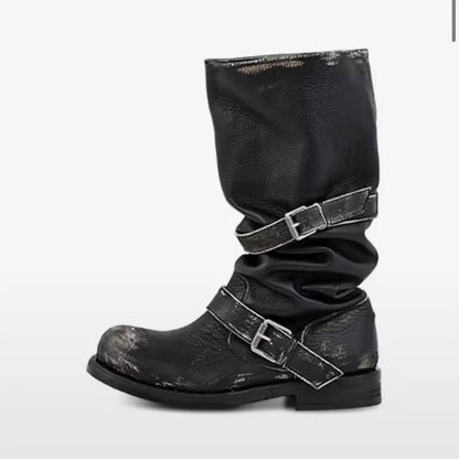 Retro Weathered Knight Boots Belt Bule Chunky Heel Mid-Calf Women's Boots Cowhide Leather Slimming Booties for All-Season Wear