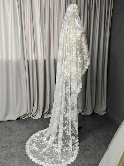 Customized Eyelash Lace Mantilla Veil, 1m/1.5m/2m/2.5m/3m Wedding Veil with Hidden Comb, Elegant One Layer Ivory Bridal Veil