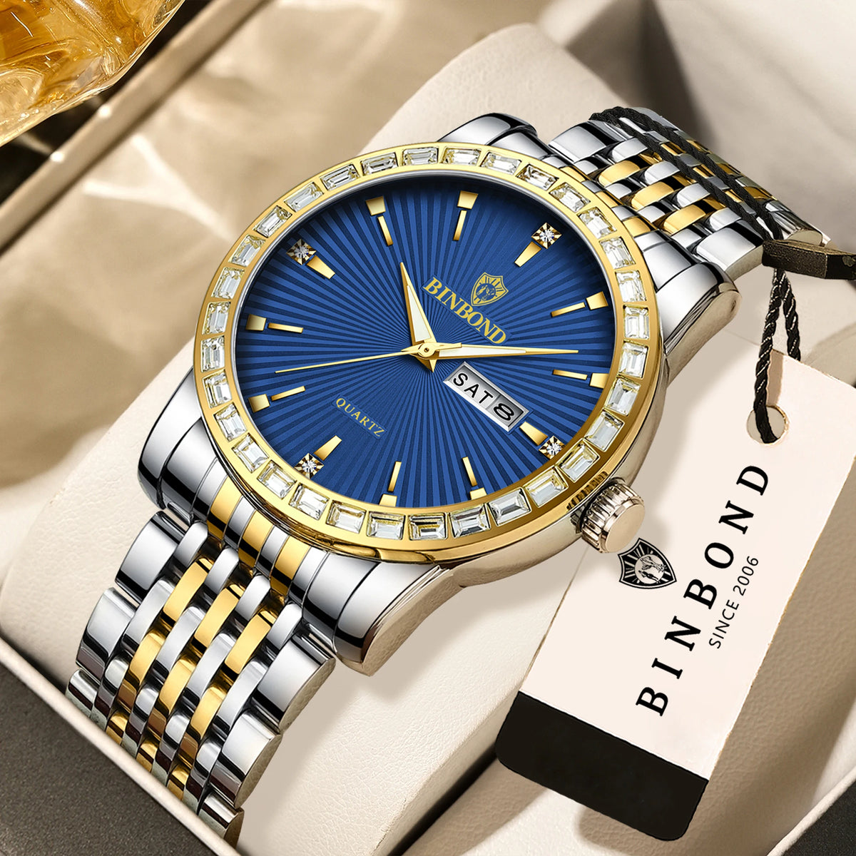 BINBOND Luxury Quartz Watches For Men Luminous Waterproof Men's Wristwatch Reloj Hombre Original Man Watch With Diamond