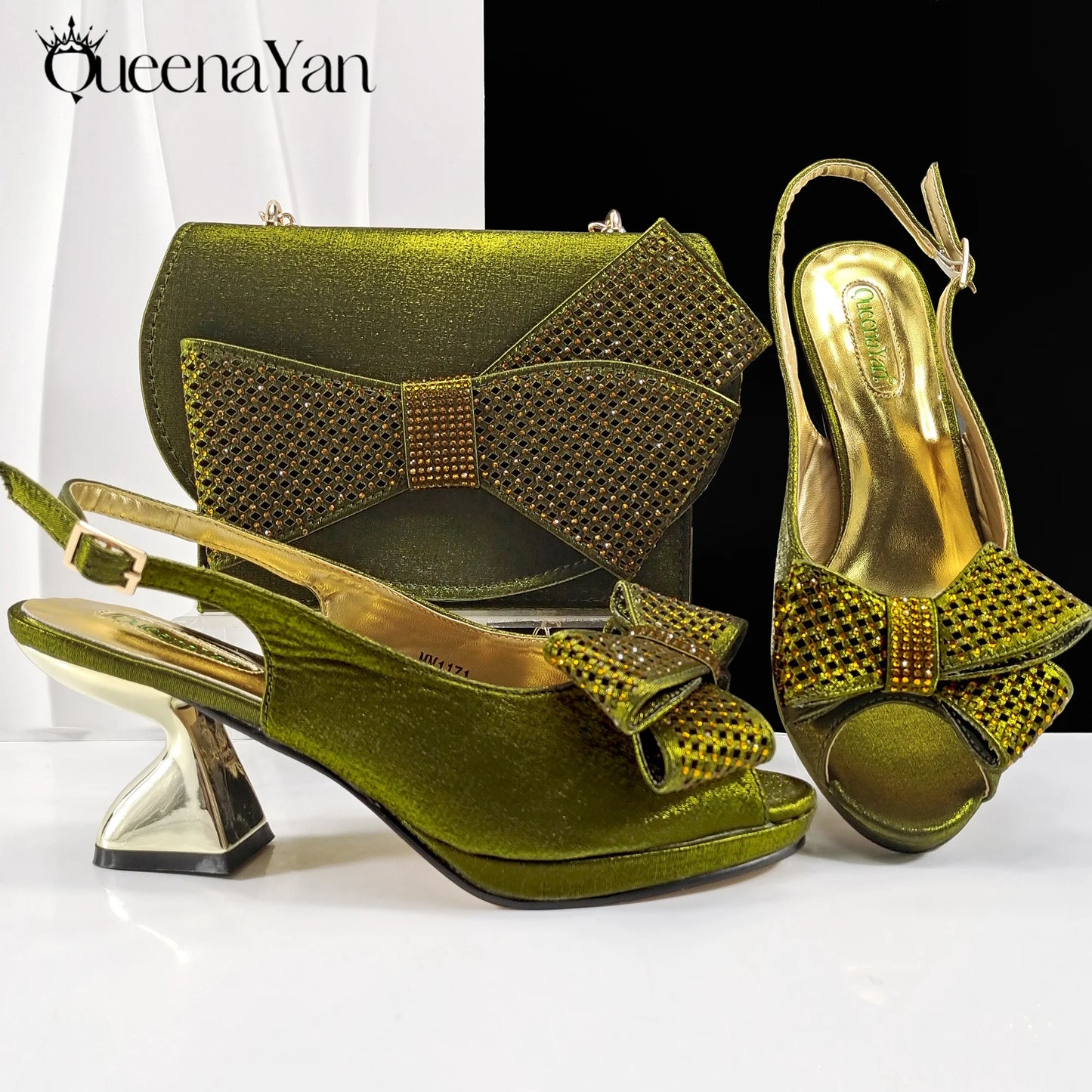 Queena Yan Sky Blue Color Peep Toe High Women Heels Shoes and Bags for Women Rhinestone Evening Party Elegant Luxury Handbag