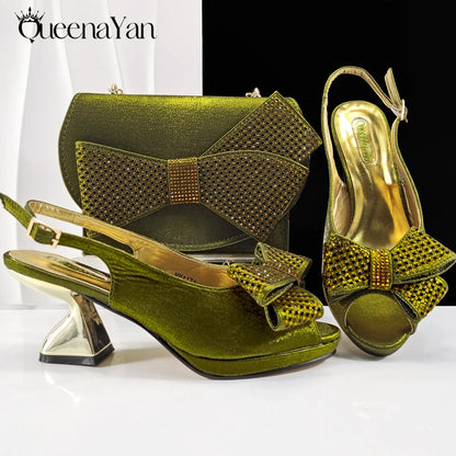 Queena Yan Sky Blue Color Peep Toe High Women Heels Shoes and Bags for Women Rhinestone Evening Party Elegant Luxury Handbag