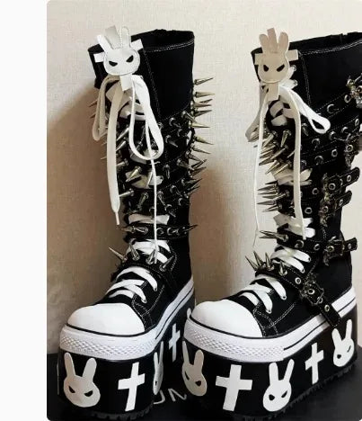 Canvas Patchwork Round Toe Belt Buckle Platform Knee-High Women Boots Height Increasing Sole Lace Up Design Large Size Shoes