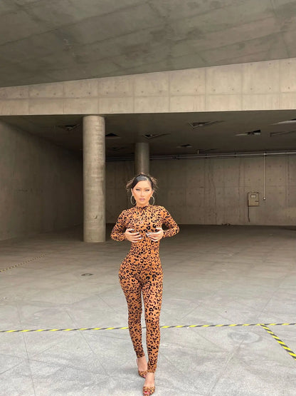Leopard Print New Women's Jumpsuit Slim Long-sleeved Sexy Flocked See-through Slimming Jumpsuits For Woman Комбинезон Женский