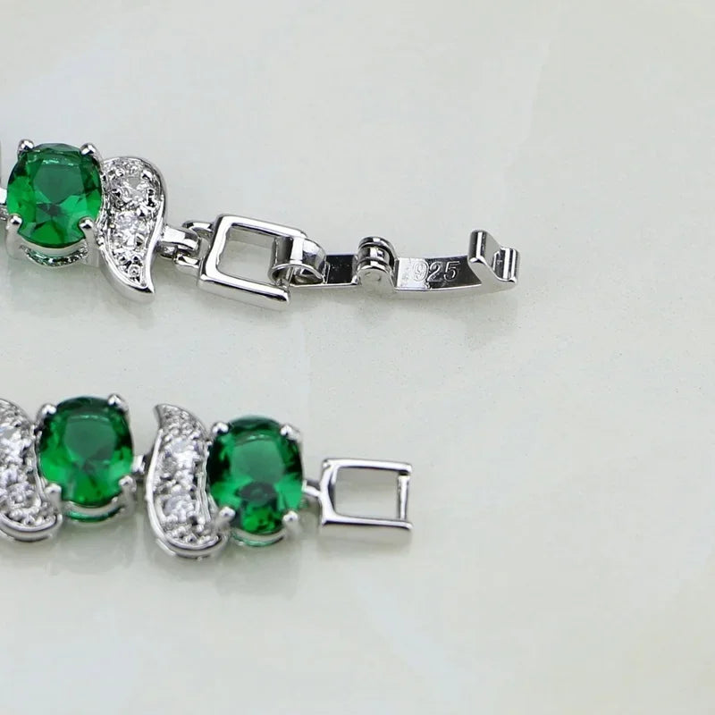 Natural Green Emerald White Topaz Silver Charm Bracelet Women Jewelry Fashion Accessories Gift For Her