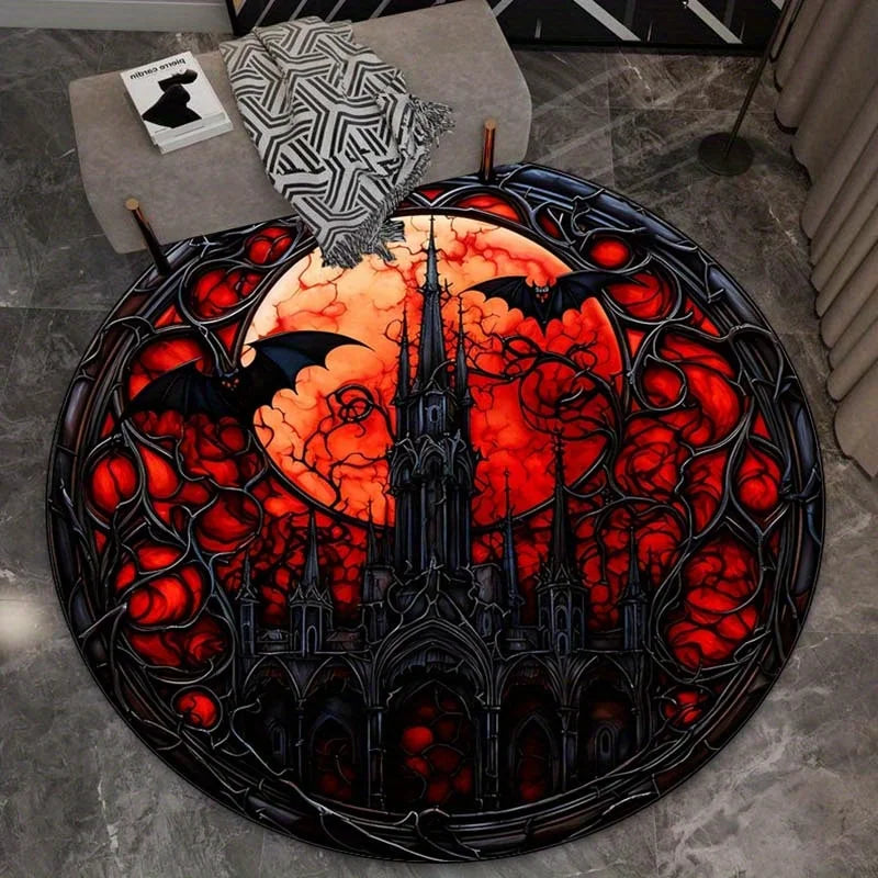 Gothic castle red moon bats round rug Halloween horror theme dark fantasy decor spooky home decoration stainedglassstylefloormat