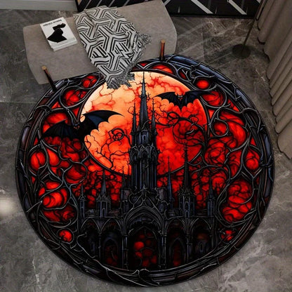 Gothic castle red moon bats round rug Halloween horror theme dark fantasy decor spooky home decoration stainedglassstylefloormat