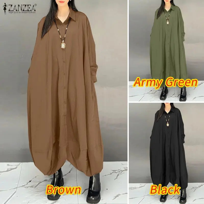ZANZEA Women's Oversized Jumpsuits Collared Long Sleeves Button Up Drop-Crotch Harem Pant Overalls Casual Streetwear Playsuits