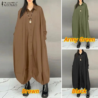 ZANZEA Women's Oversized Jumpsuits Collared Long Sleeves Button Up Drop-Crotch Harem Pant Overalls Casual Streetwear Playsuits