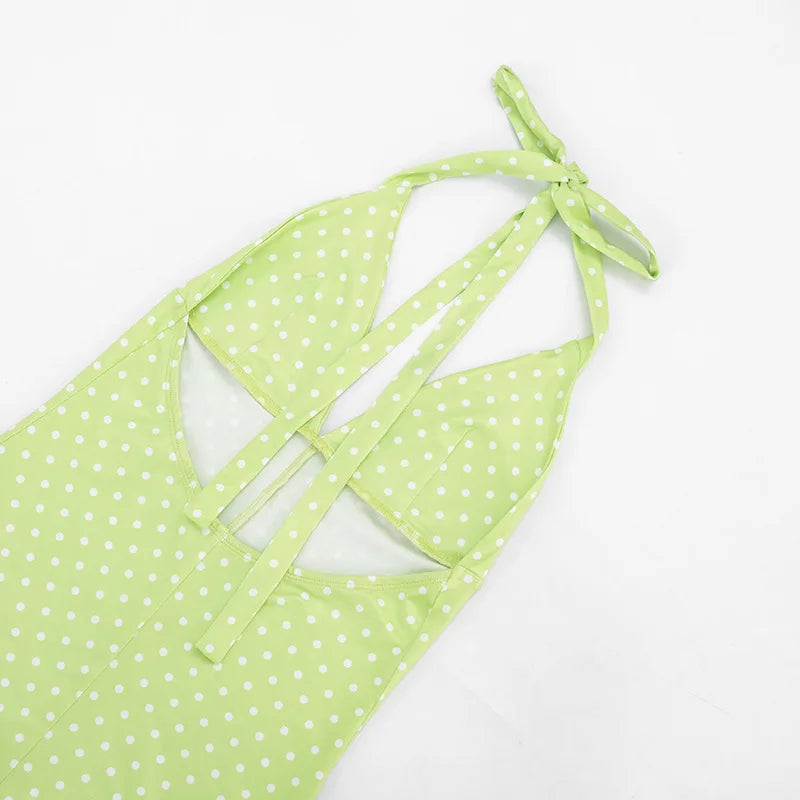 Polka Dot Print Playsuits Women Summer Bandage Halter Ruched Outfits Slim Backless Sleeveless V Neck Rompers Vacation Beach Gift