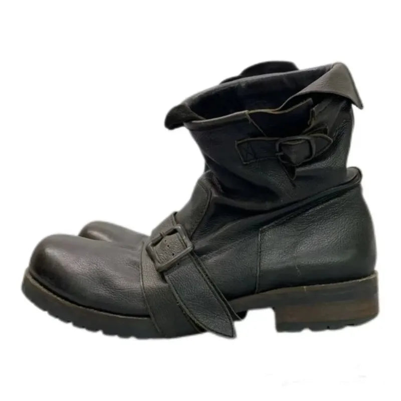 Retro Darkened Belt Buckle Motorcycle Boots Trendy for Both Men and Women Mid-calf Pleated Side Zipper Western Cowboy Boots