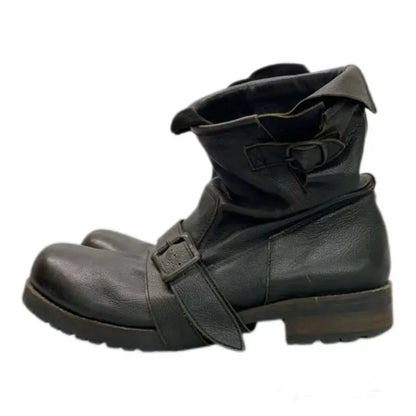 Retro Darkened Belt Buckle Motorcycle Boots Trendy for Both Men and Women Mid-calf Pleated Side Zipper Western Cowboy Boots