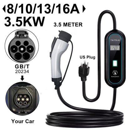 TAYSLA 3.5KW 16A Portable EV Charger NEMA 5-15 Plug TYPE1 SAE J1772 TYPE2 GB/T Electric Car Charger for BYD Geely EX2 Changan