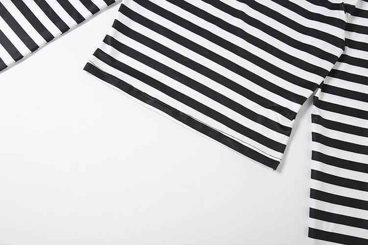 Weird Puss Striped Print 2-Piece Set Women O-Neck Full Sleeve Crop Tops+Mini Simple Skirt Spring Trend Skinny Classic Party Suit
