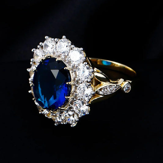Luxury Oval Blue Zircon Ring for Women Sparkling Golden Color Solitaire Finger Rings Romantic Jewelry Wedding Anniversary Gift