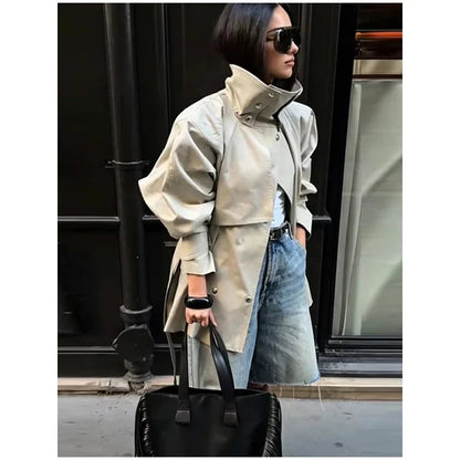 Fashion Stand Collar Short Trench Coat Women Solid Double-breasted Belt Jacket 2026 Autumn Lady Commuting Casual Outwear