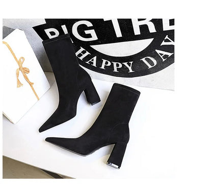 BIGTREE Shoes High Heel Boots Suede Women Ankle Boots Pointed Toe Socks Boots Thick Heel Women Shoes Warm Winter Boots Size 43