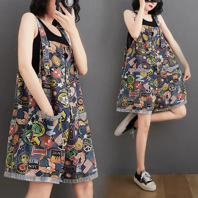 Jumpsuit Playsuits Women Jeans Printed Rompers New Summer Retro Large Size Loose Denim Strap Overalls Fashion Wide-leg Pants