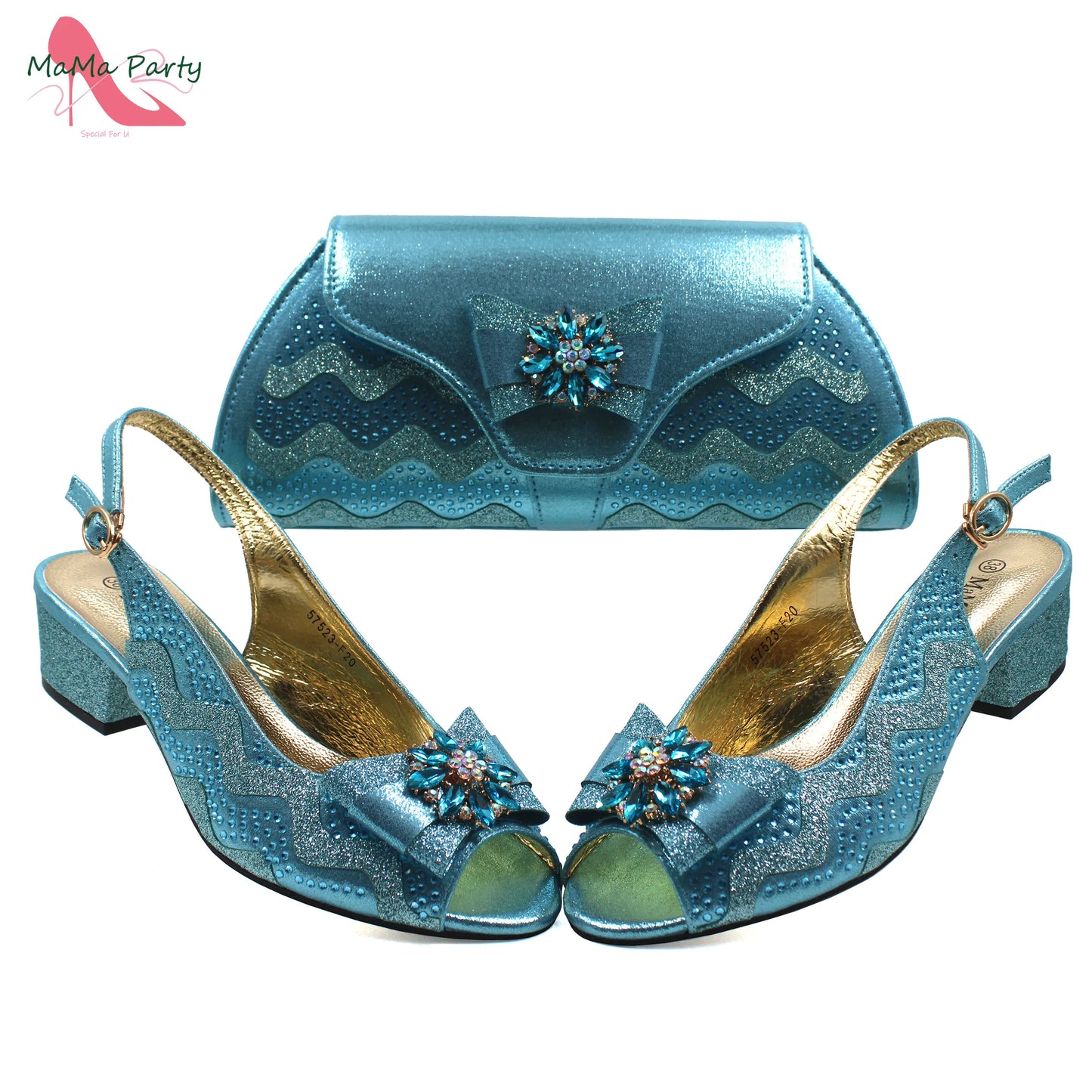 Golden Elegant Ladies Shoes Matching Bag Set Slingbacks Peep Toe Low Heels Fashion New Design Italian for Wedding