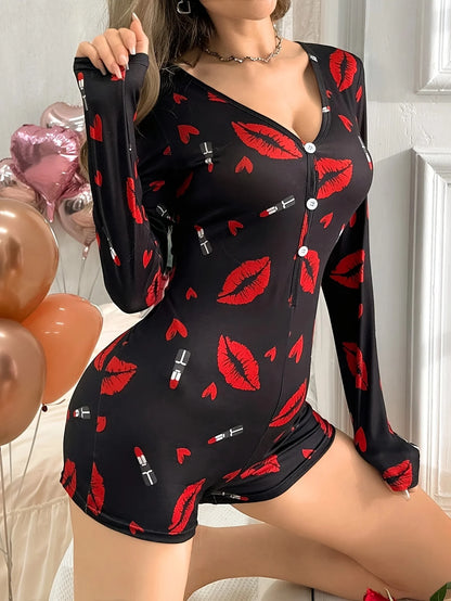 Summer Onesies Women's Sexy Pajamas Bodysuit Casual Red Lips Print V-neck Front Button Long Sleeve Jumpsuit Sleepwear