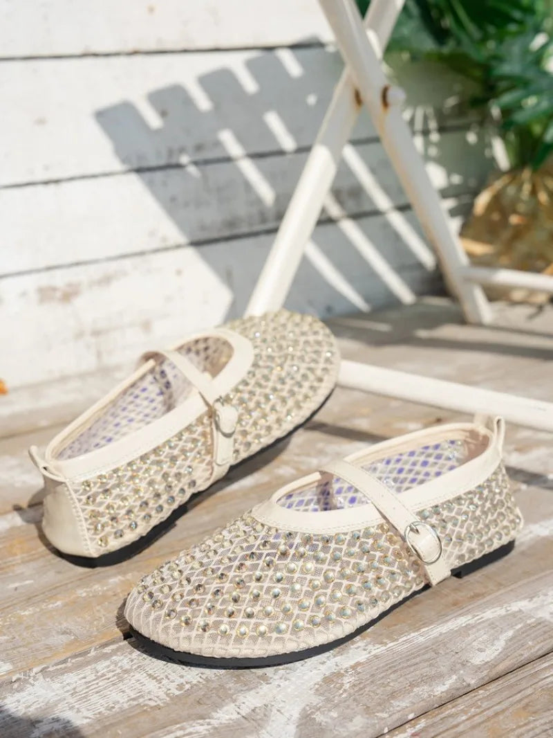 Women's Mary Jane Shoes Luxury Brand Casual Single Shoes Women's Rhinestone Plus Size Womens Round Head Buckle Beach Flat Shoes