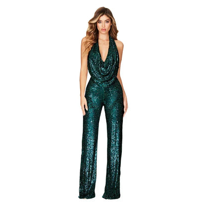 2026 Sequin Party Jumpsuit Women Sexy Club Glitter Overalls Rompers Bodysuit V-neck Long Pants Y2k Elegant Backless One Piece