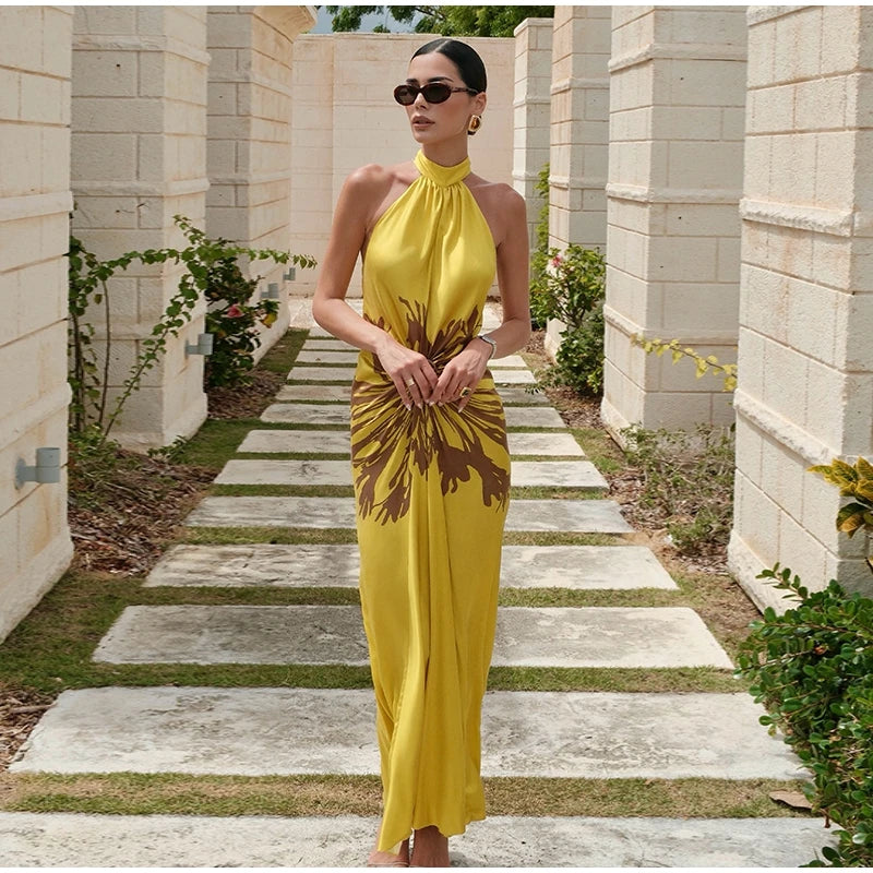 2026 Summer Printed Halter Maxi Dress Women Sleeveless Pleated Chic Satin Long Dresses Fashion Vacation Beach Party Lady Robe