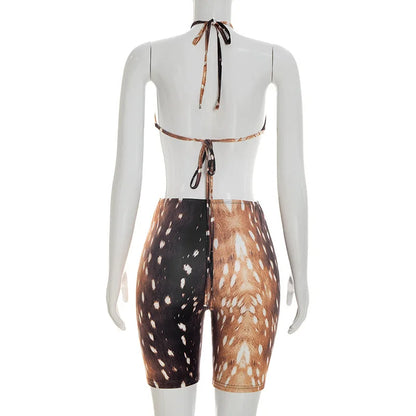 FAGADOER Deer Print Sexy Hollow Out Romper Hot Girl Bandage Halter Shorts Backless Bodycon Jumpsuits New Trendy Streetwear