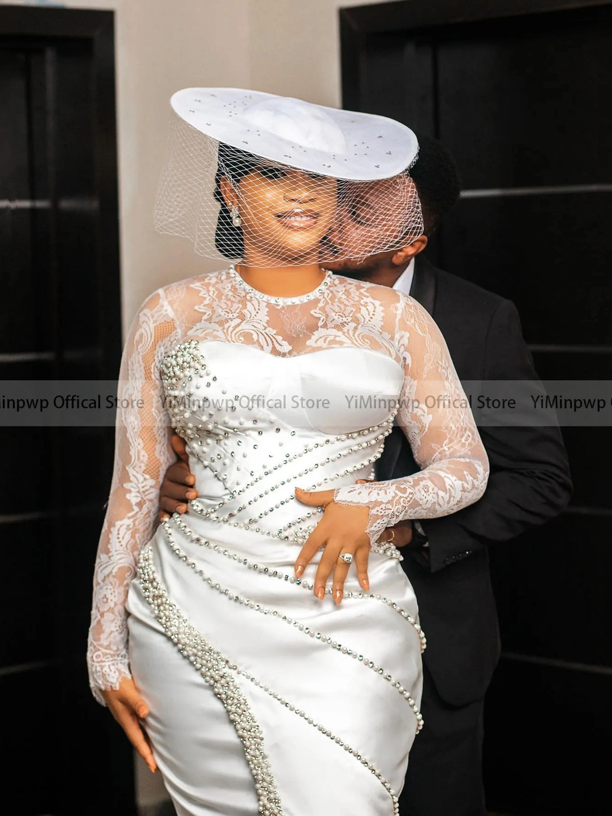Luxury Wedding Dresses for Bride O Neck Long Sleeve Tea Length Pearls Aso Ebi Satin Court Bridal Reception Dress Customized