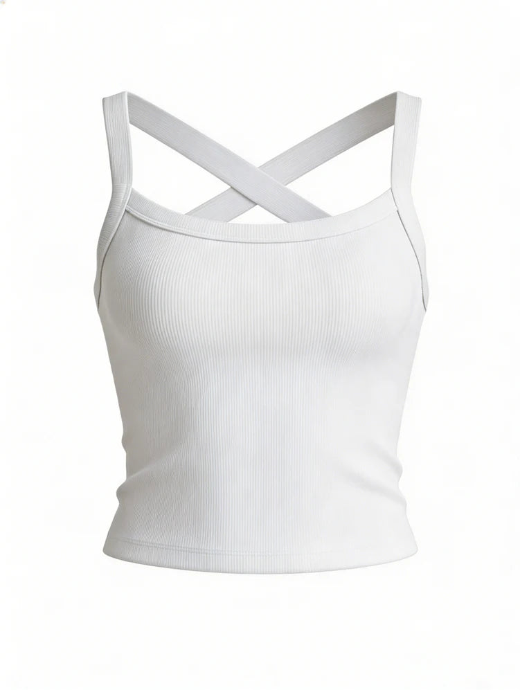 Low-Neck Vest Women Cross Shoulder Strap Solid Skinny Stretch Sexy Midnight Hottie Beach Party Sporty Basis Tops
