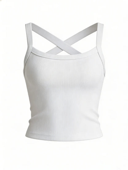 Low-Neck Vest Women Cross Shoulder Strap Solid Skinny Stretch Sexy Midnight Hottie Beach Party Sporty Basis Tops