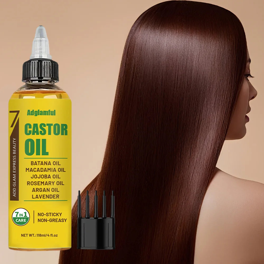 7-in-1 Hair Oil 118ml No-Rinse Set (Oil + Comb) – Castor, Rosemary & Lavender for Split Ends, Shine & Frizz Control
