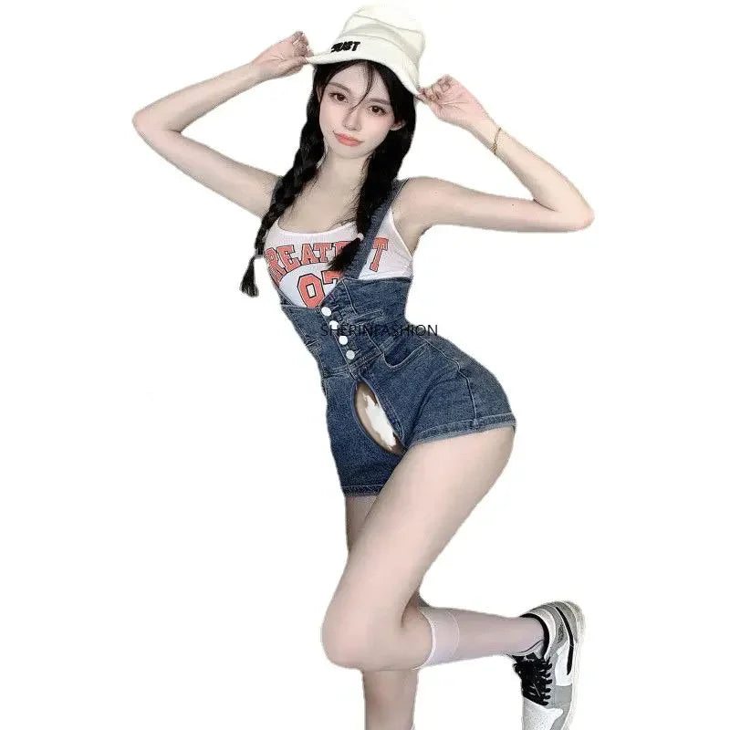 Open Crotch Outdoor Sex Pants Women Adjustable Strap Button Shortalls Ripped Jeans Short Denim Jeans Overall Jumpsuit Rompers