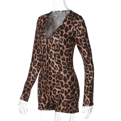 Dulzura Autumn Fashion Sexy V-Neck Long Sleeve Leopard Bodycon jumpsuit Women'S Casual Elegant Romper Party Club Street Clothes