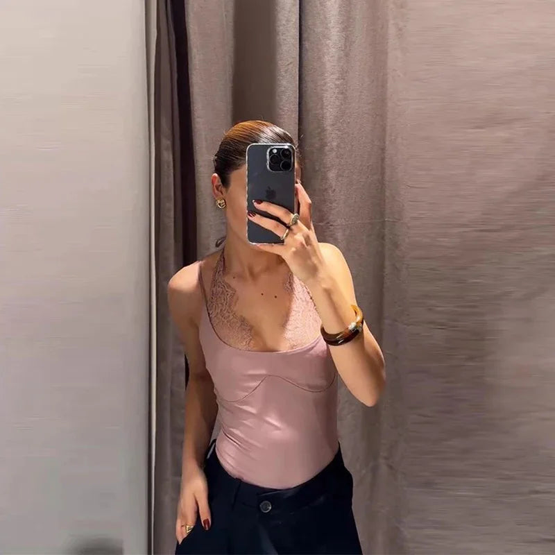 Women's Jumpsuit 2026 Spring New Solid Color Halter Neck Lace Splice Sexy Slim-Fit Romper Personalized Fashion