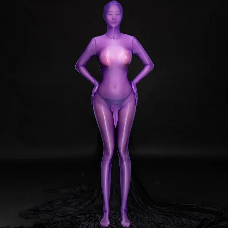 Zipper Open Full Body Catsuit with JJ Pouch Thin Sheath Transparent Body-stocking Unisex Sheer Bodysuit Sexy Lingerie Jumpsuit