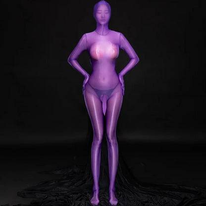 Zipper Open Full Body Catsuit with JJ Pouch Thin Sheath Transparent Body-stocking Unisex Sheer Bodysuit Sexy Lingerie Jumpsuit