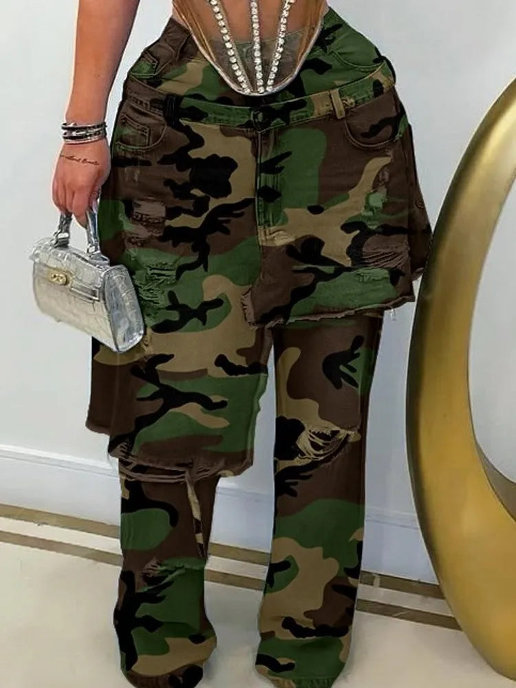 Women High Waist Camouflage Pants Hole Straight Pants Long Jeans Casual Trendy Trousers 2025 Autumn Winter New Denim Trousers