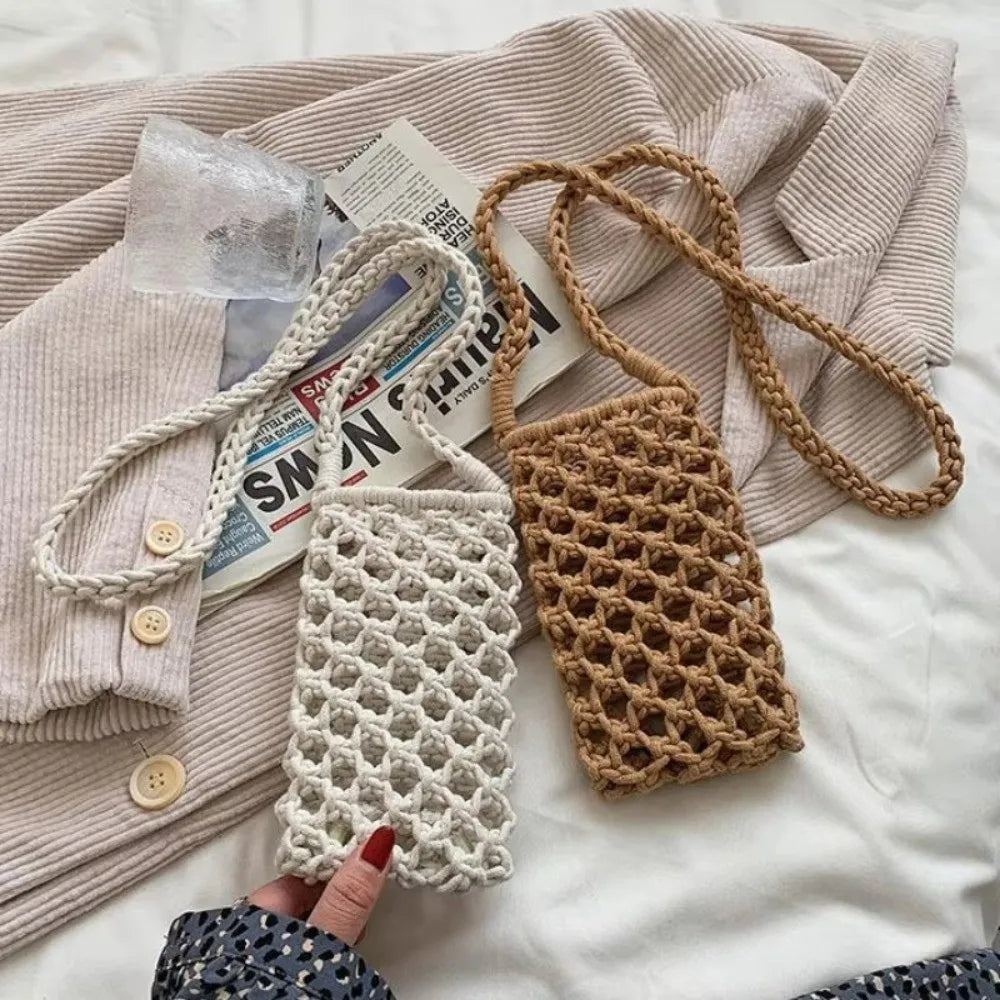 Hollow-out Woven Crochet Small Crossbody Phone Bag Women Fashion Solid Color Lightweight Braided Shoulder Handbag Crossbody Bags