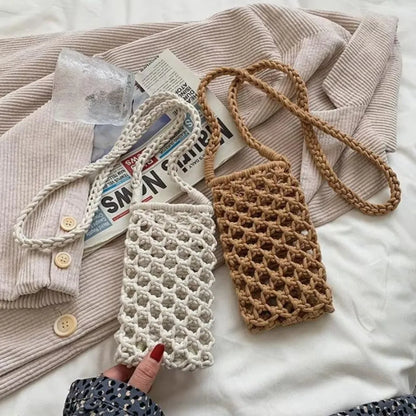 Hollow-out Woven Crochet Small Crossbody Phone Bag Women Fashion Solid Color Lightweight Braided Shoulder Handbag Crossbody Bags
