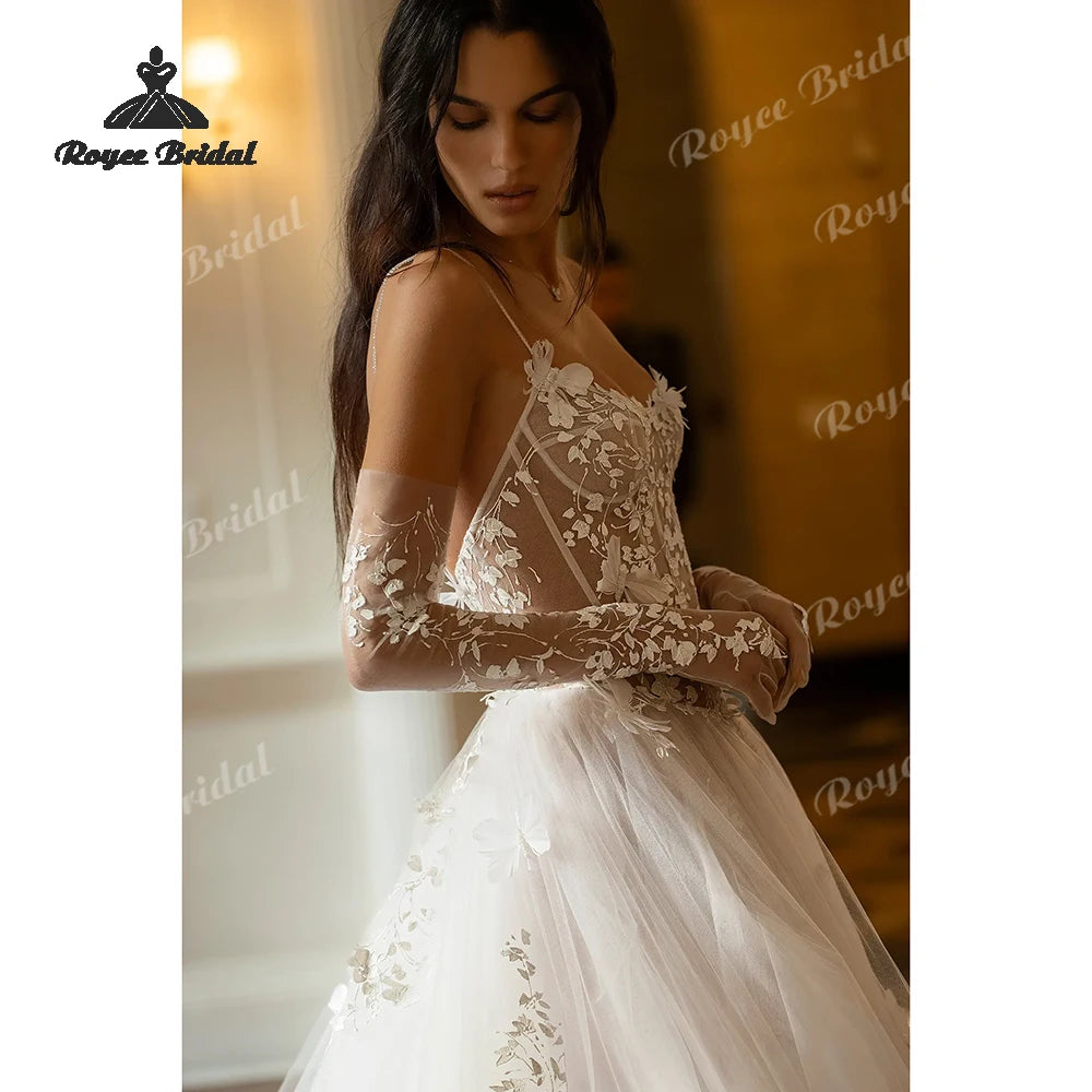 Elegant Flowers Lace A Line Wedding Dresses 2026 Sheer Tulle Customized Beach Bridal Gown Custom Vestido De Novia