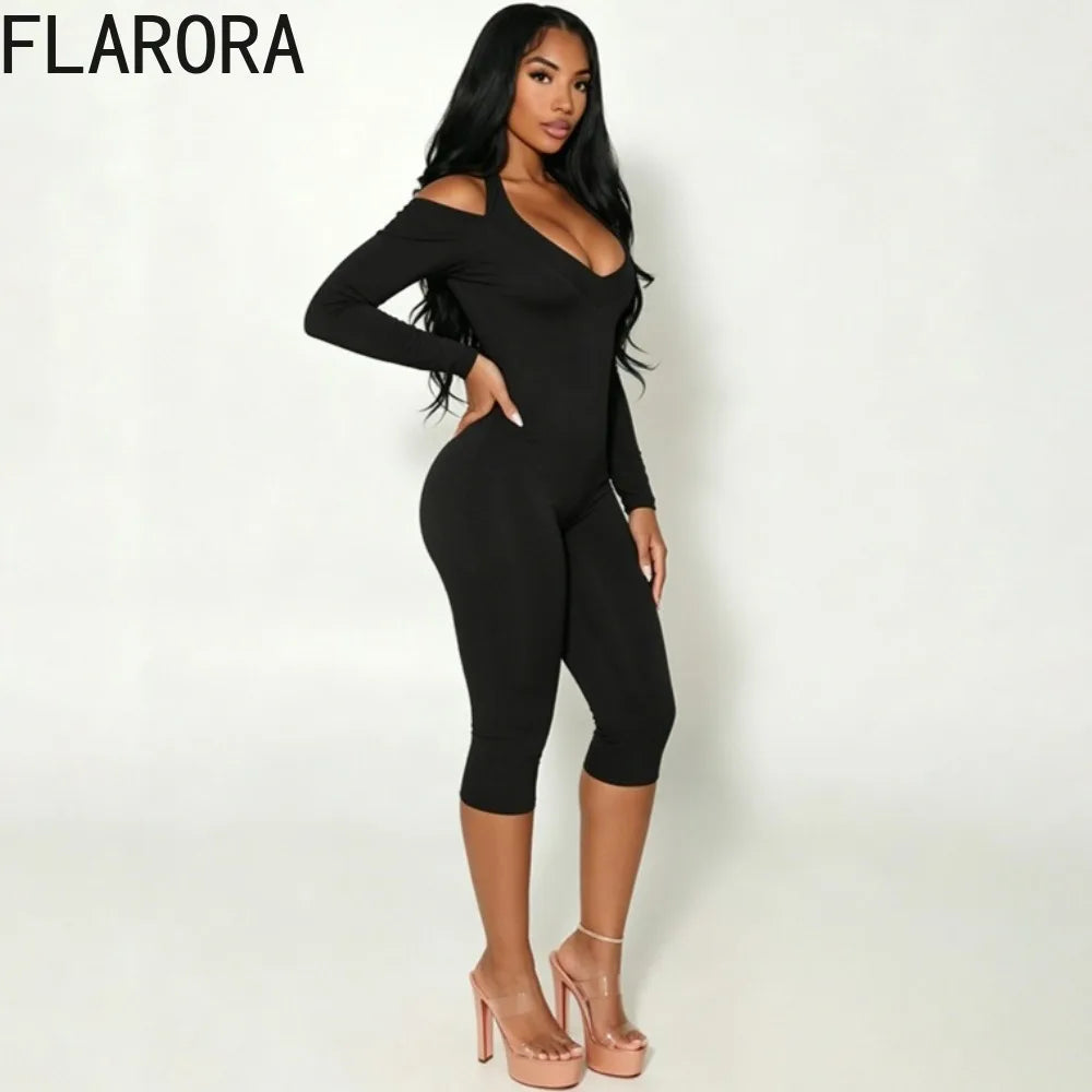 FLARORA Sexy Serpentine Print Jumpsuits Woman Halter Off-shoulder Full Sleeve Skinny Peach Hip Playsuits Hottie Party Clubwear