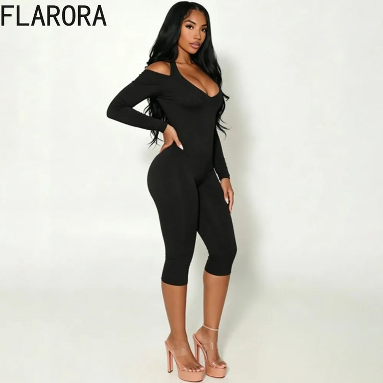 FLARORA Sexy Serpentine Print Jumpsuits Woman Halter Off-shoulder Full Sleeve Skinny Peach Hip Playsuits Hottie Party Clubwear
