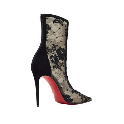 2026Spring and Summer Pointed Black Mesh Fine High Heels Knee Length Cool Boots Embroidered Lace Up Party Wedding Women's Boots