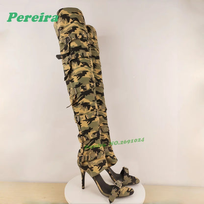 Camouflage Belt-Buckled Sandals Open Toe Thin Heels Side Air Women's Gladiator Sandals Stiletto Patchwork Summer Luxury Shoes