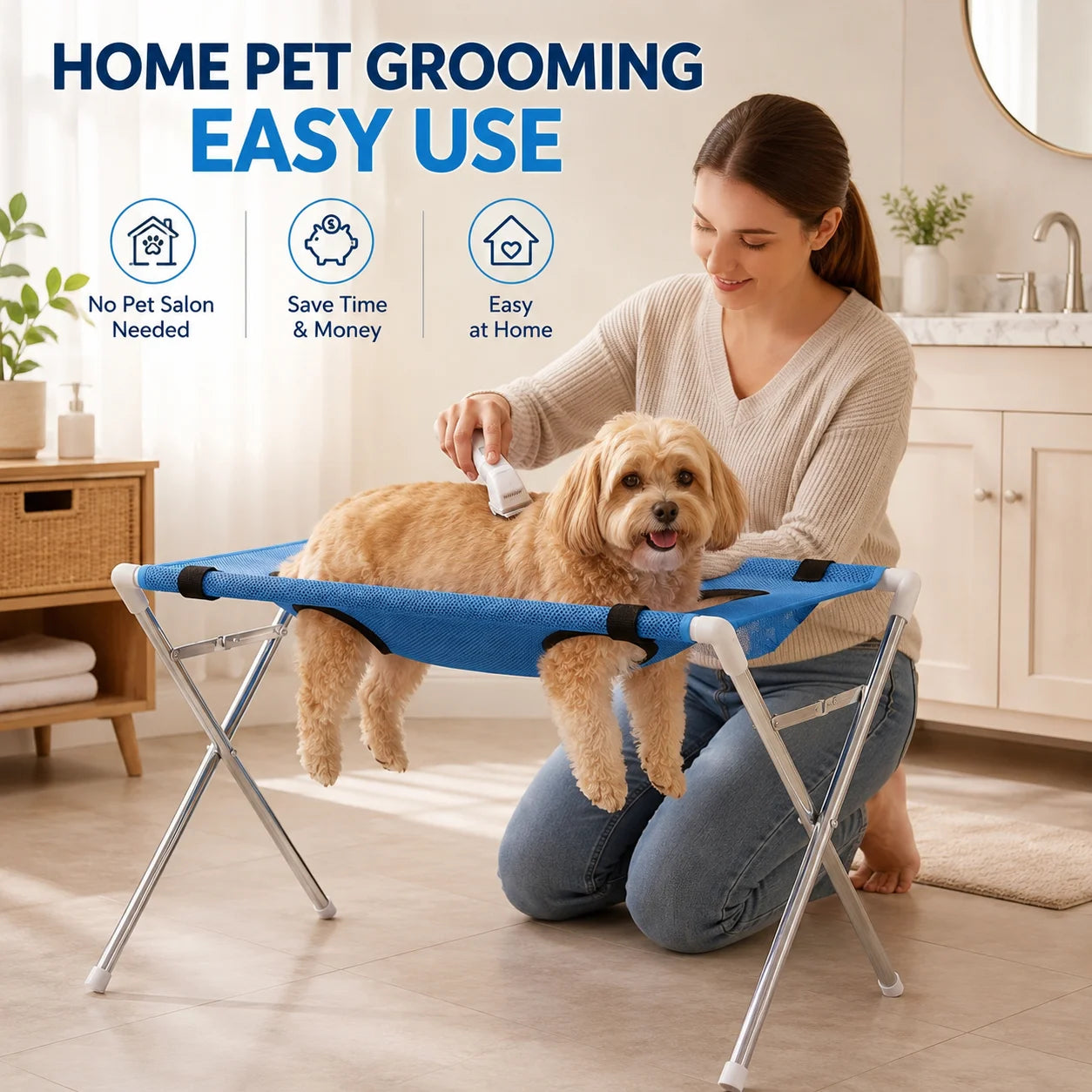 Breathable Pet Grooming Hammock Stand Foldable Dog Cat Nail Clipping Restraint Stainless Steel Care Table for Home Grooming Use